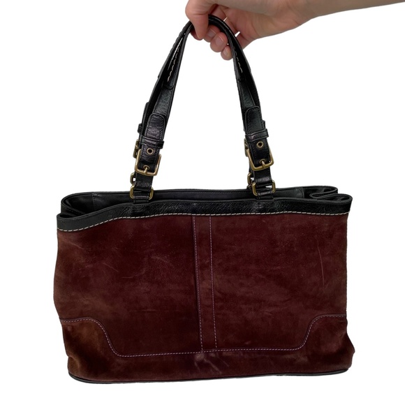 Coach Hamptons Purple Maroon Suede Leather Satchel Purse Handbag Large - Picture 3 of 13